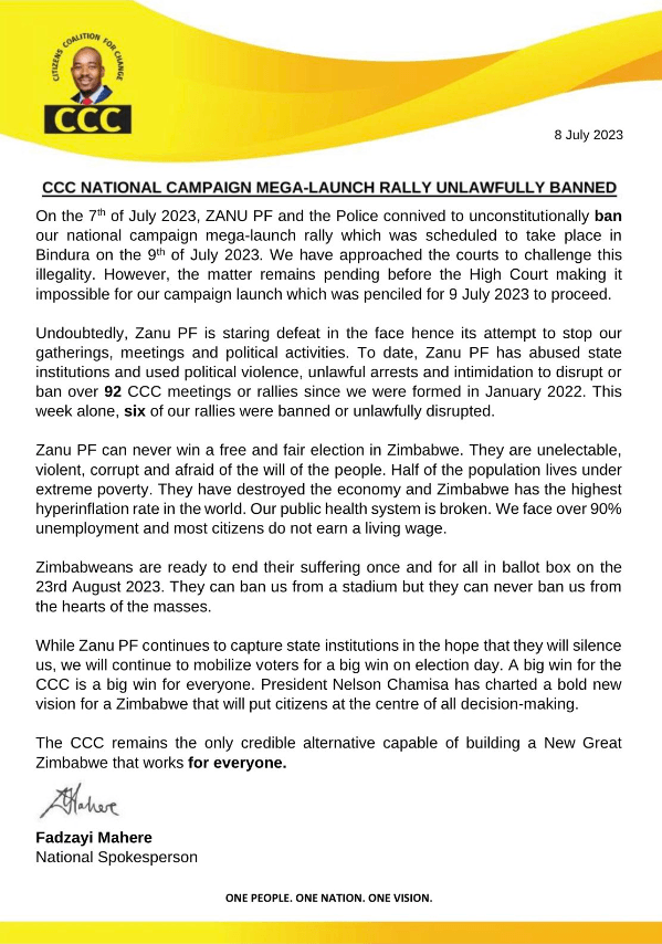 "They have destroyed the economy and Zimbabwe has the highest hyperinflation rate in the world.""Our public health system is broken. We face over 90%unemployment and most citizens do not earn a living wage."
"Zimbabweans are ready to end their suffering once and for all in ballot box on the23rd August 2023."
"They can ban us from a stadium but they can never ban us from the hearts of the masses."
