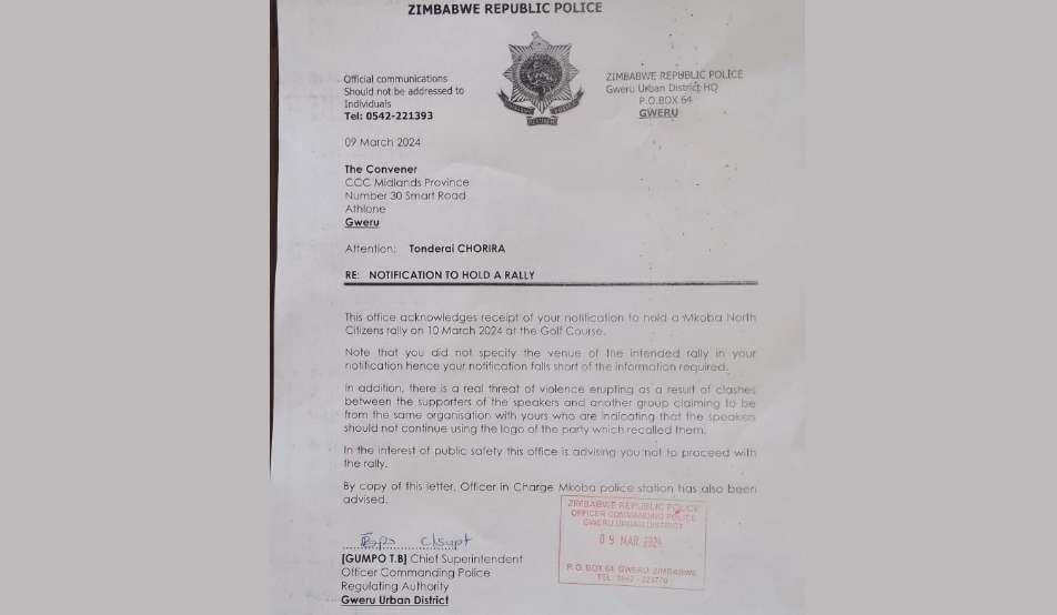 Police Ban Pro-Chamisa Rally in Gweru