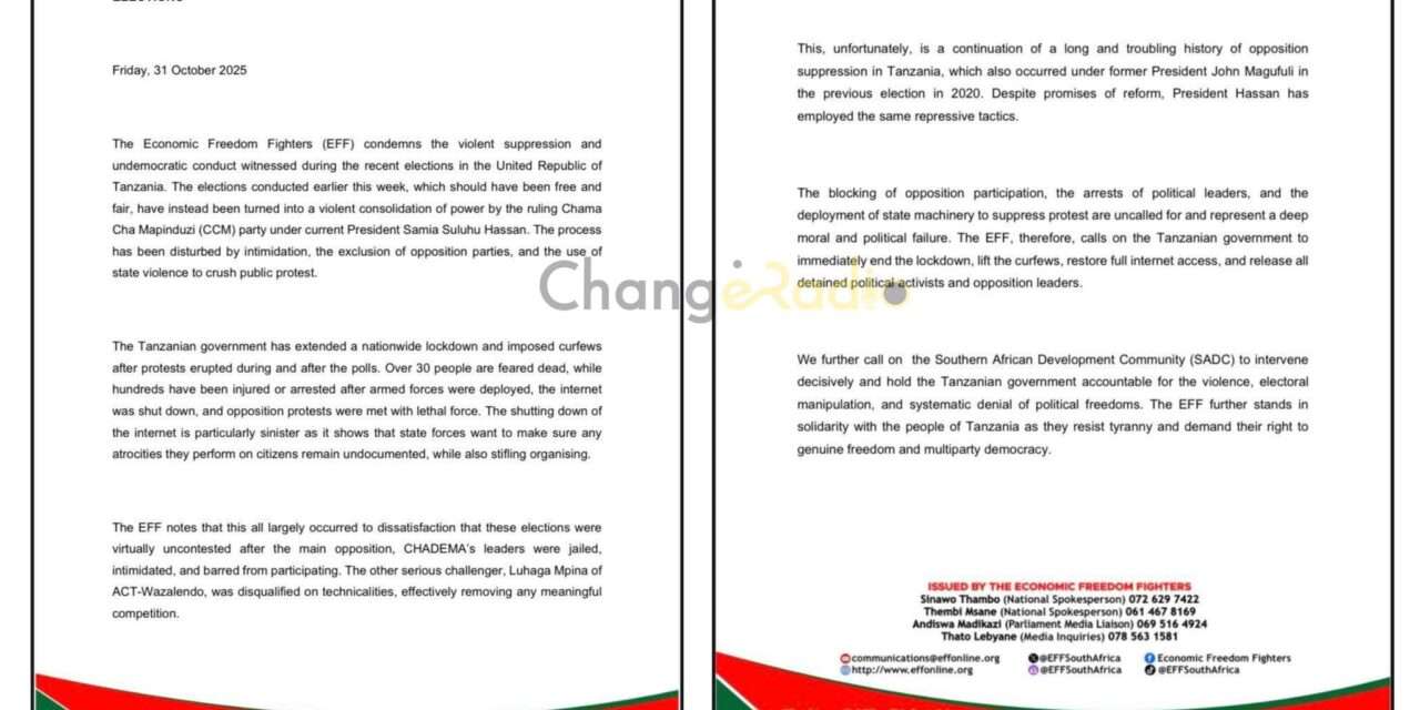 EFF Condemns “Suppression of Democracy” in Tanzania’s 2025 Elections